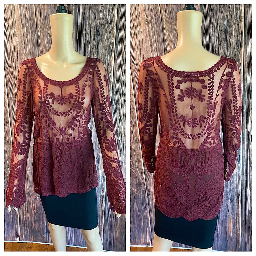 Wishlist size small medium burgundy maroon floral lace long sleeve boho